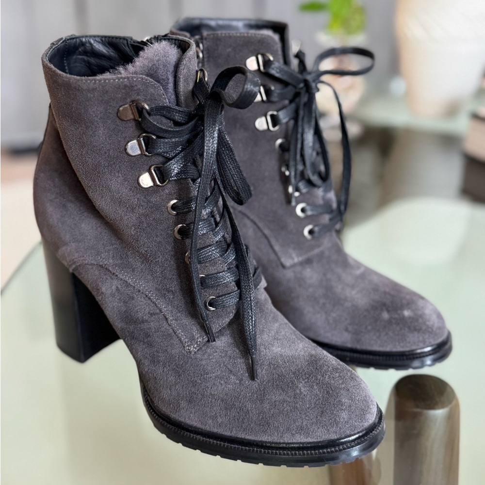 M.Gemi Gray Suede Lace-Up Block Heel Booties – Size 40 (US 9.5-10)